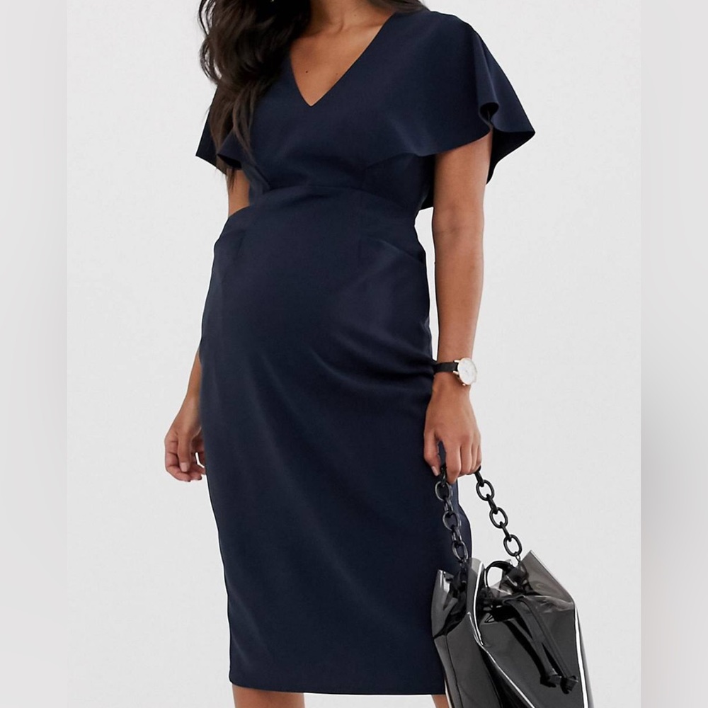 ASOS | Maternity | Navy Ruffle Midi Pencil Dress for Work or Occasions